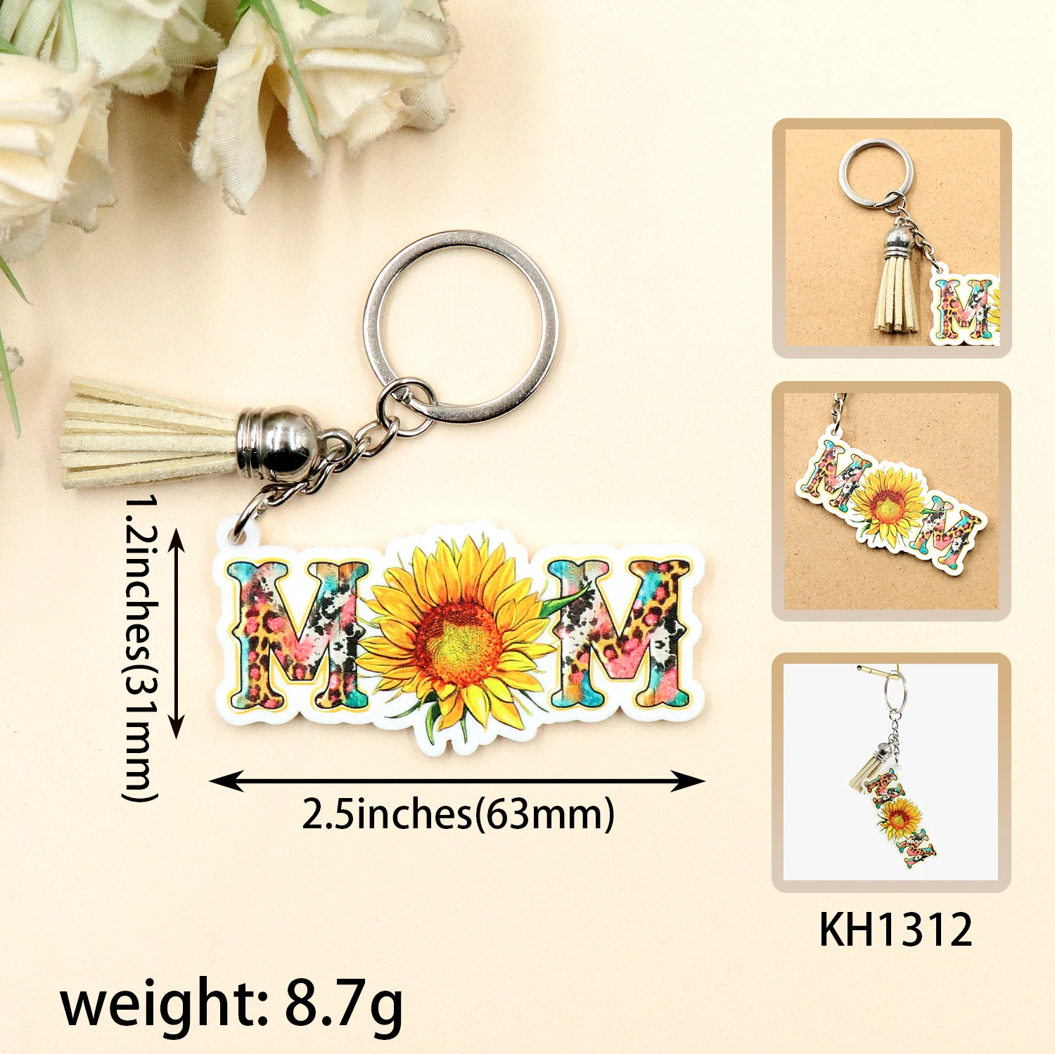 KH1310 2024 New Acrylic Sunflower Keychain Mom's Mother's Day Gift with UV Printing Stainless Steel Metal Type factory