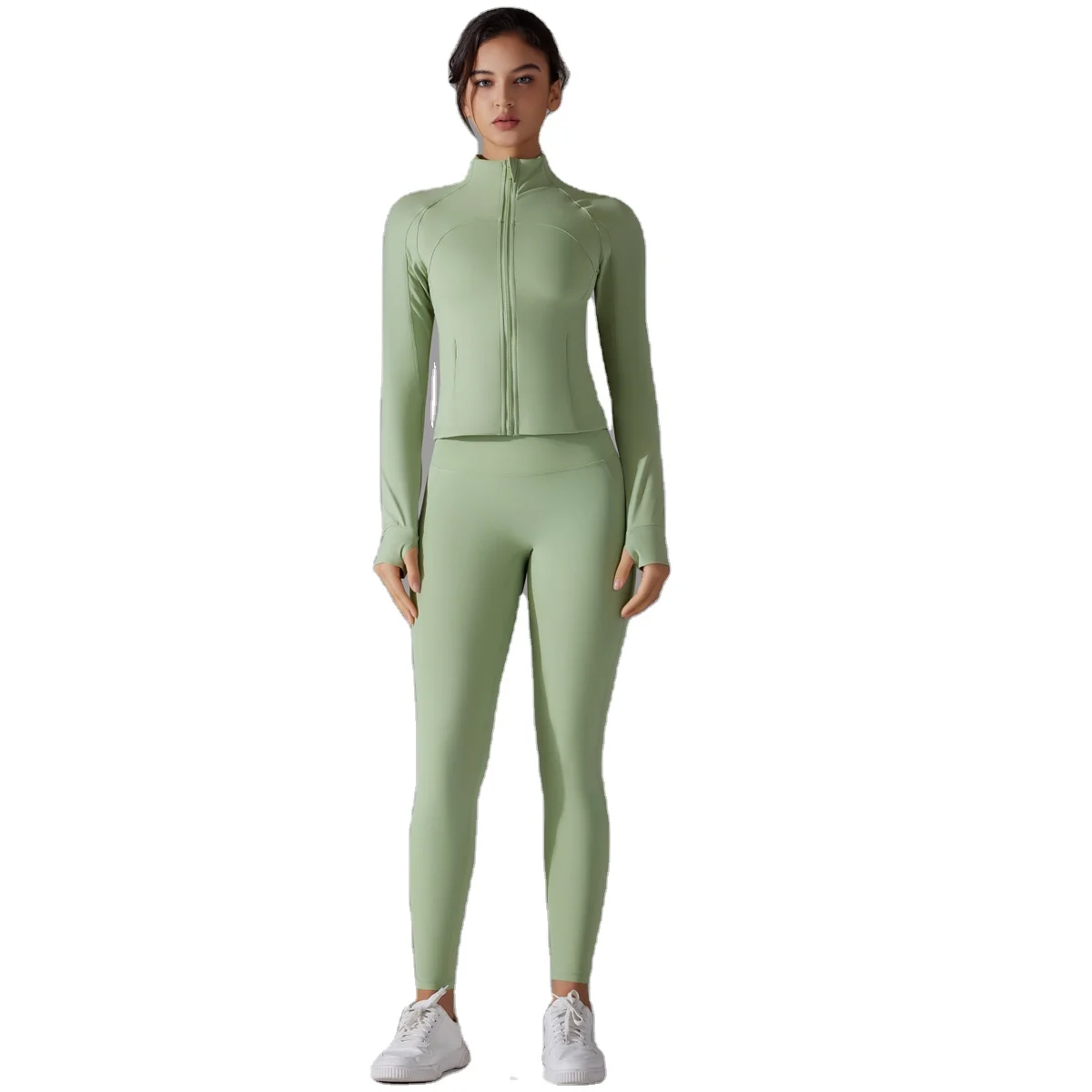 Stand Collar Zipper Long Sleeve Solid Breathable Yoga Wear High Waist Hip Lift Tight Pan