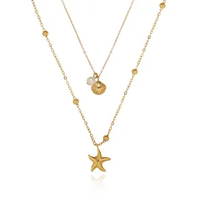 MW 18K Gold-Plated Stainless Steel Necklace: Trendy Double-Layer Pendant Style with Shell & Seastar Summer Holiday Gift
