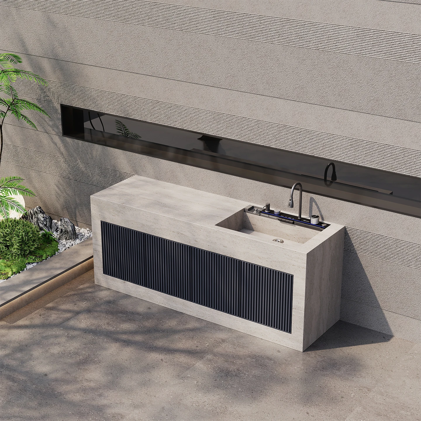 Customized Outdoor Rock Plate Standing Basin Island Counter Integrated Washbasin with Aluminum Alloy Door Courtyard Washbasin
