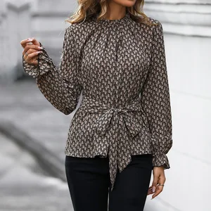Independent Station Women's Leopard Print Blouse Long-Sleeved Slim-Fit Spring Autumn Cross-Border Lace-Up Printed