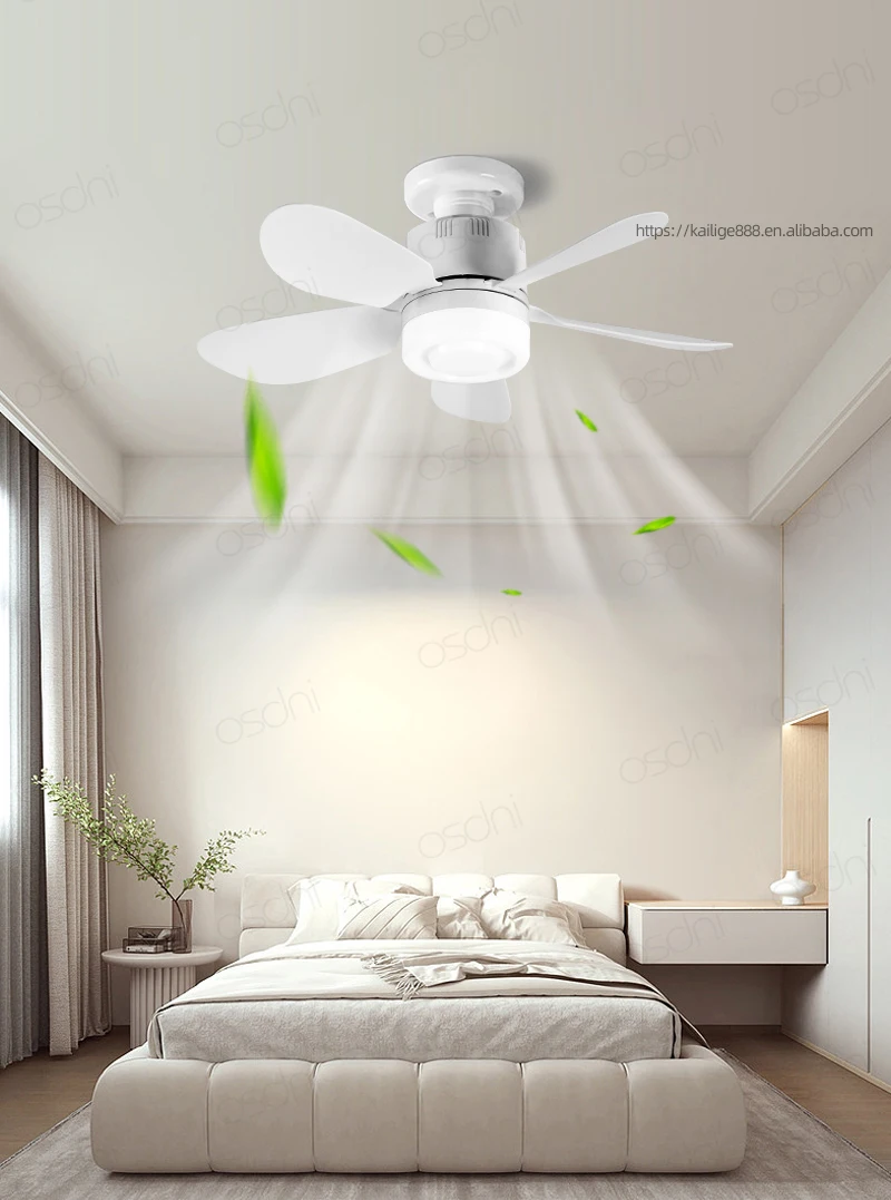 现代E27发光二极管吊扇，带浅白色可拆卸叶片遥控器，室内使用卧室厨房小ABS主体