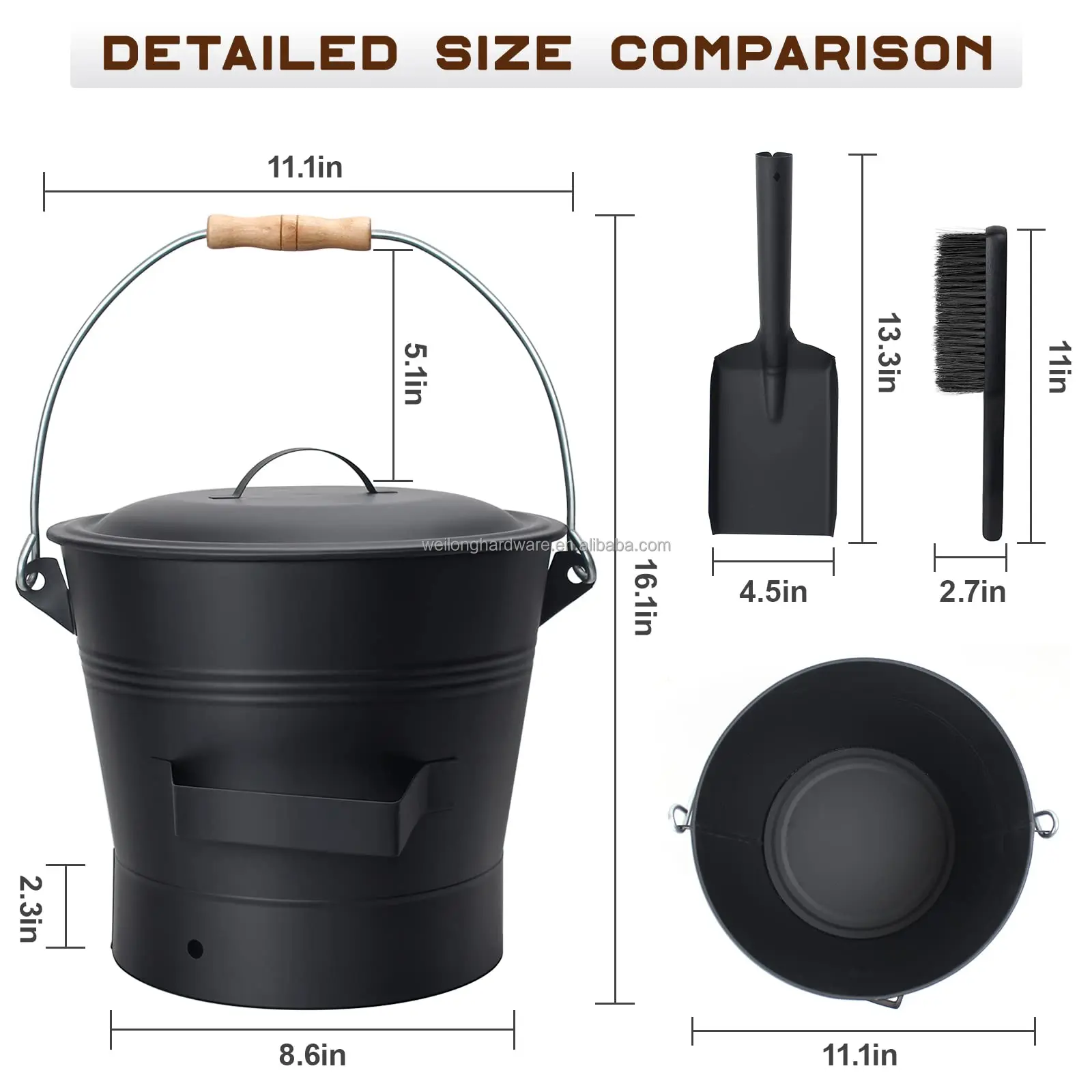 1.5 Gallon Mini Ash Bucket With Lid Shovel & Broom Coal Bucket For Fireplace Tool Set Fire Pits