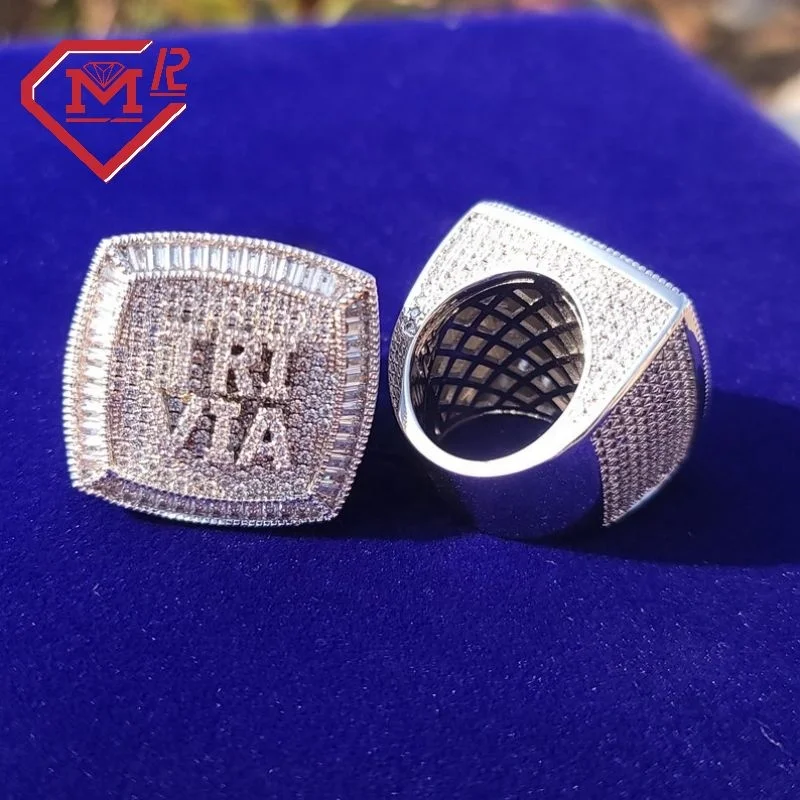 Baugette Rapper Ring Men's Iced Out Baguette Rapper Hip Hop Champion Rings 925 Silver ...