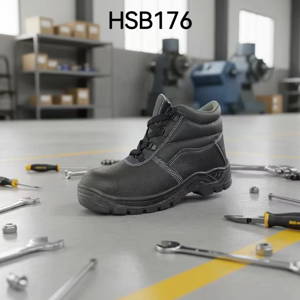 YWX, építési területre alkalmas varrott gumitalpú biztonsági csizmák, raktárosoknak szánt tartós, közepesen magas biztonsági cipők acélorréddel, modell: HSB176