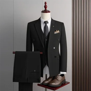 Men's Three-Piece Business Professional Dress Suit Korean Style Slim-Fit Double-Breasted Zipper Fly Best Man's New