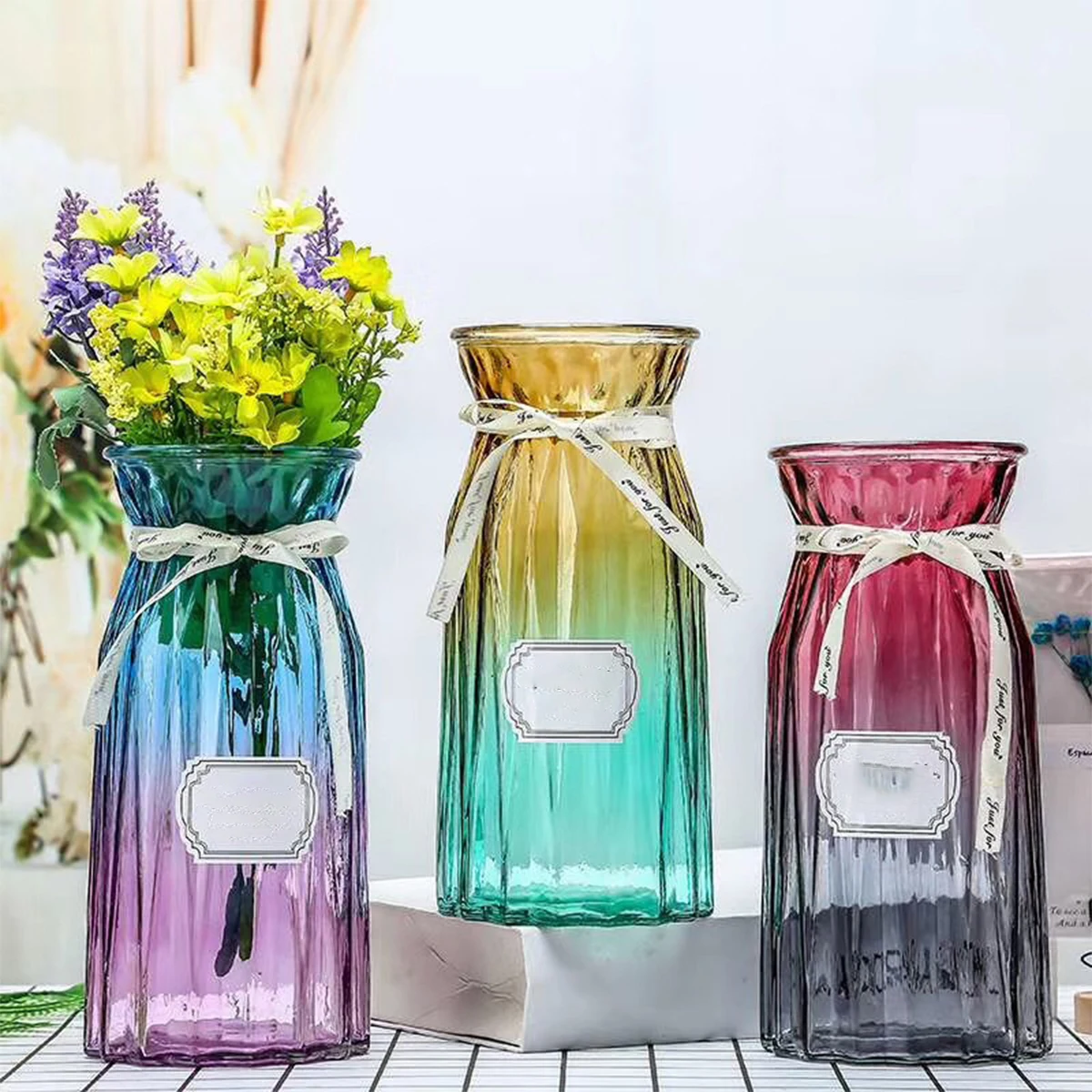 Crystal Glass Flower Vase Set Transparent Thick Round Wedding Home