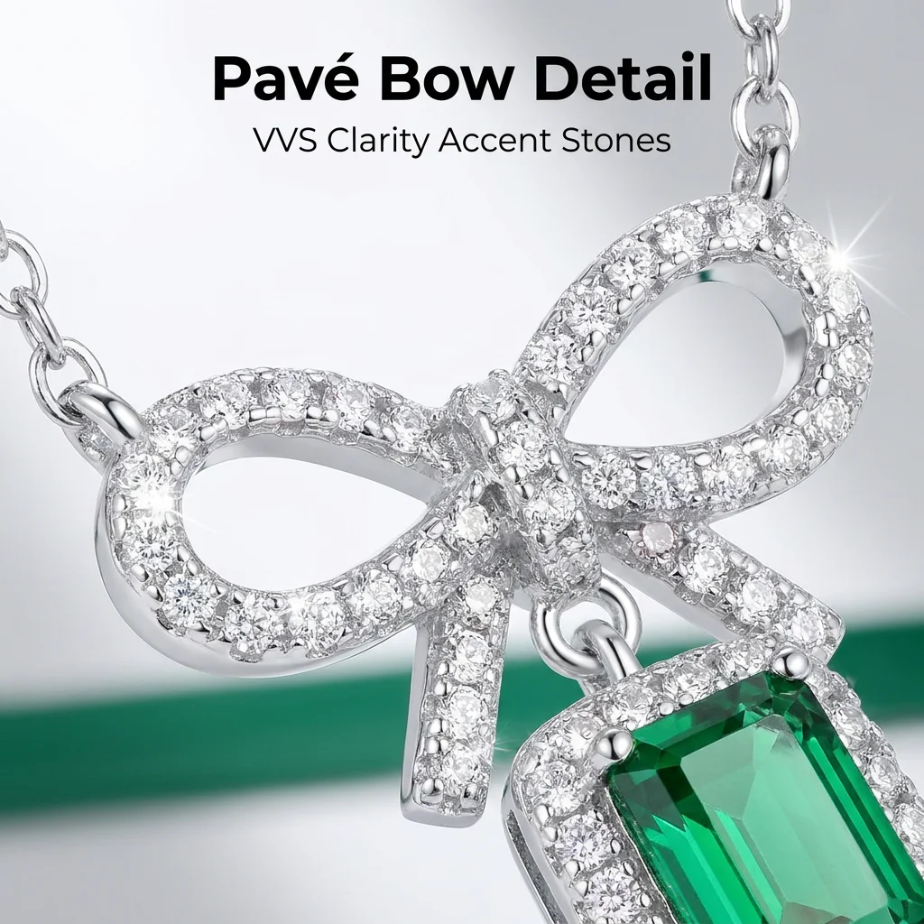 925 Sterling Silver Emerald Cut Bow Pendant Necklace with Claw Setting Diamond Accent for Women-Engagement Wedding & Party Gift