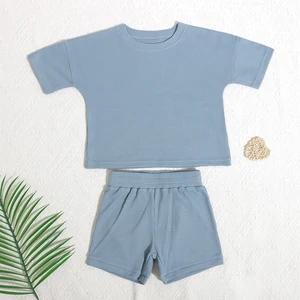 Customized Good Quality Kids Cloth Summer Organic Waffle Solid Color Newborn Baby Cloth Set With Sport