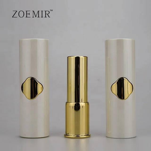 Round White Push Button Lipstick Tubes Metallic Gold  Luxury Plastic Lipstick Container High Quality Empty Lip Balm Container