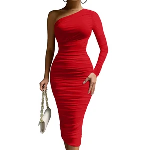 Latest Design Custom One Shoulder Cut Out Ruched Long Sleeve Bodycon Elegant Party Evening Dresses