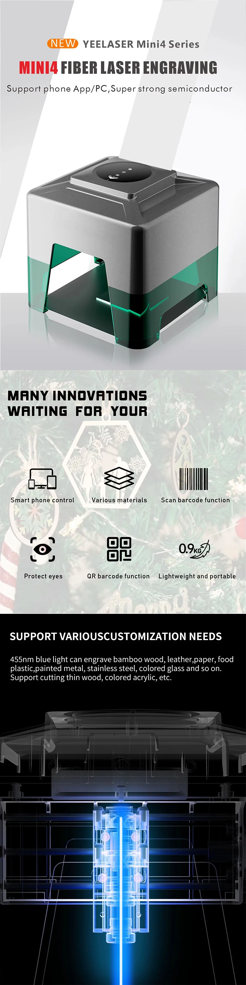 Portable Mini Laser Engraver/Cutter Tool for Wood Acrylic MDF for DIY Artwork Logo BT Connection Laser Engraving Machine