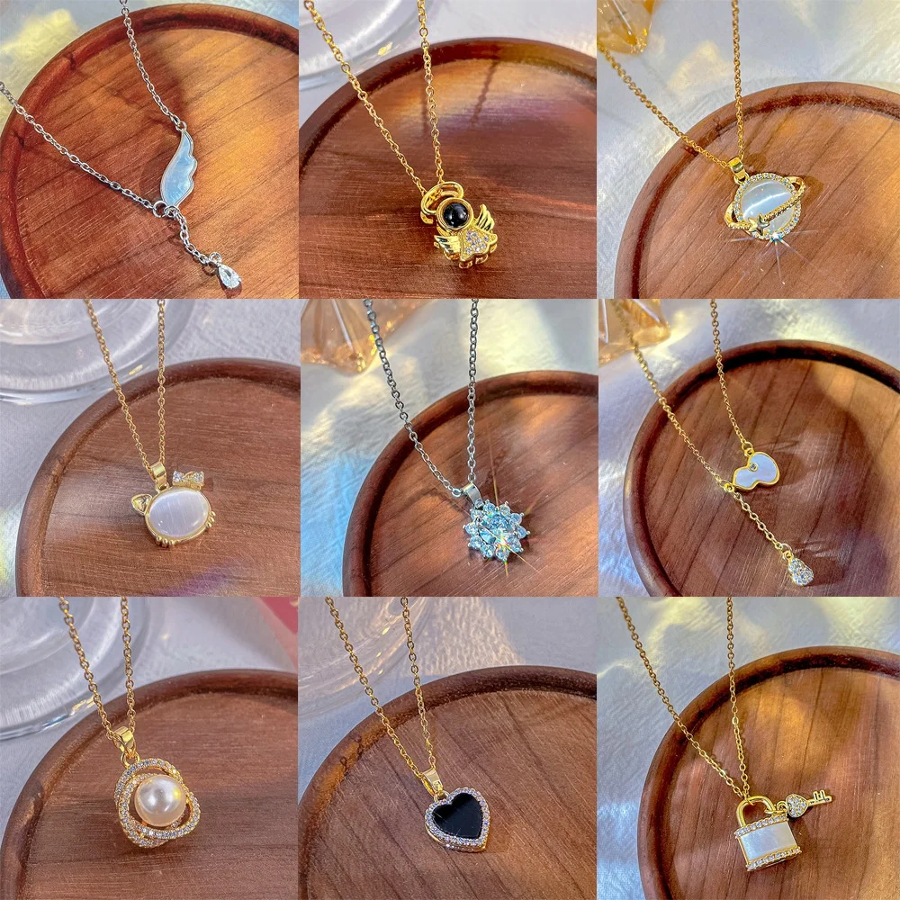 New Design Stainless Steel Necklace for Women and Girls 14K Gold Plated with Zircon Pendant Silver Neck Chain for Gifts