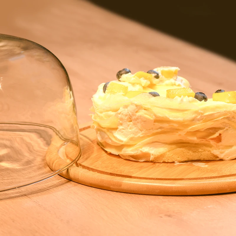 Creative Transparent Dustproof Cake Glass Cover Food Cover Cake Pan Glass Cover With Bamboo Tray