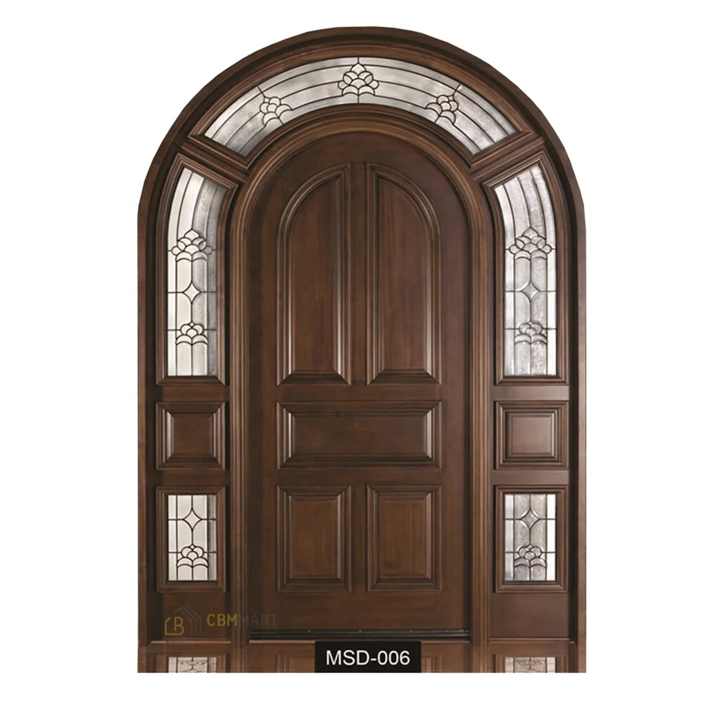 CBMmart Medieval Square Frame Double Arched Wooden Door Front Pivot Iron Window Frame Entrance Solid Wood Doors