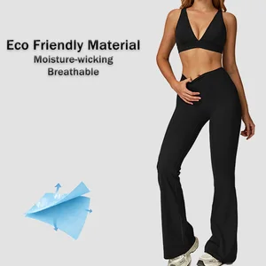 Custom Sport Outfit Deep V Bra Yoga Flare Bottoms 2pcs Gym Fitness Activewear Breathable Pilates Women Workout Tracksuit