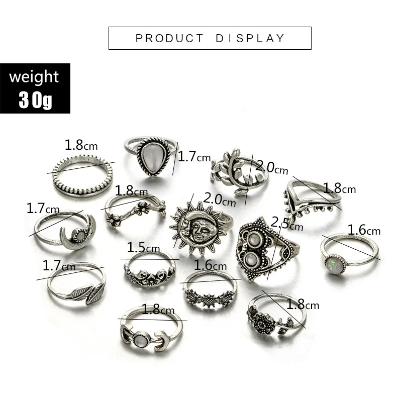 2021 European and American water drop flower sunflower moon sun 14 piece ring set