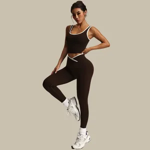 Women Contrast Color 2 Piece Compression Sportswear Fitness Seamless Tank Top Butt Lift Leggings Ladies Fitness Yoga Set