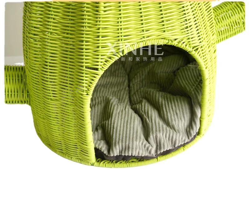XH Novelty Plastic Rattan Resin Wicker Handmade Woven Dog Furniture Cactus Shape Pet  Basket House Cat Bed