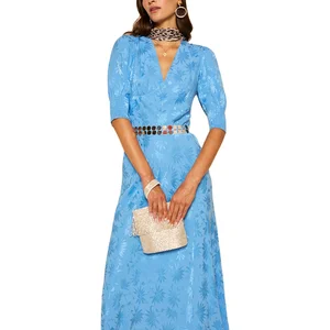 Oem Factory Wholesale Summer Short Sleeve v Neck Long Dresses Women Jacquard Elegant Midi Dress