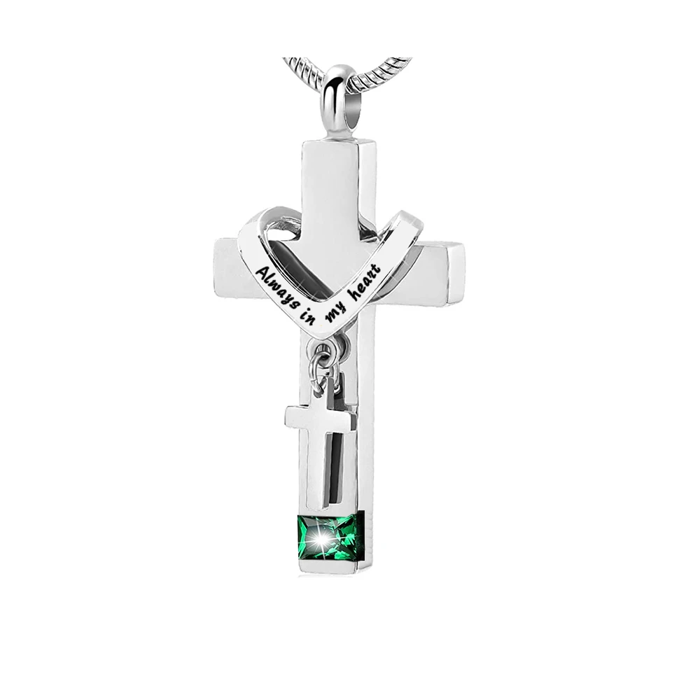 Cross With Birthstone Urn Necklaces for Ashes Stainless Steel Memorial Cremation Pendant Jewelry Keepsake for Human or Pet Gift