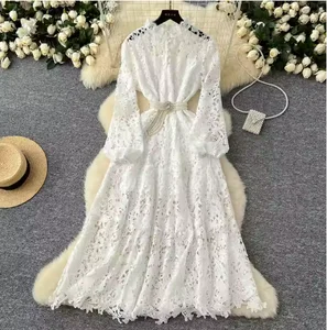 Women's Elegant Vintage Midi Dress Lace Patchwork Sexy Long Sleeve Stand Collar Fashionable Solid Pattern Natural Button