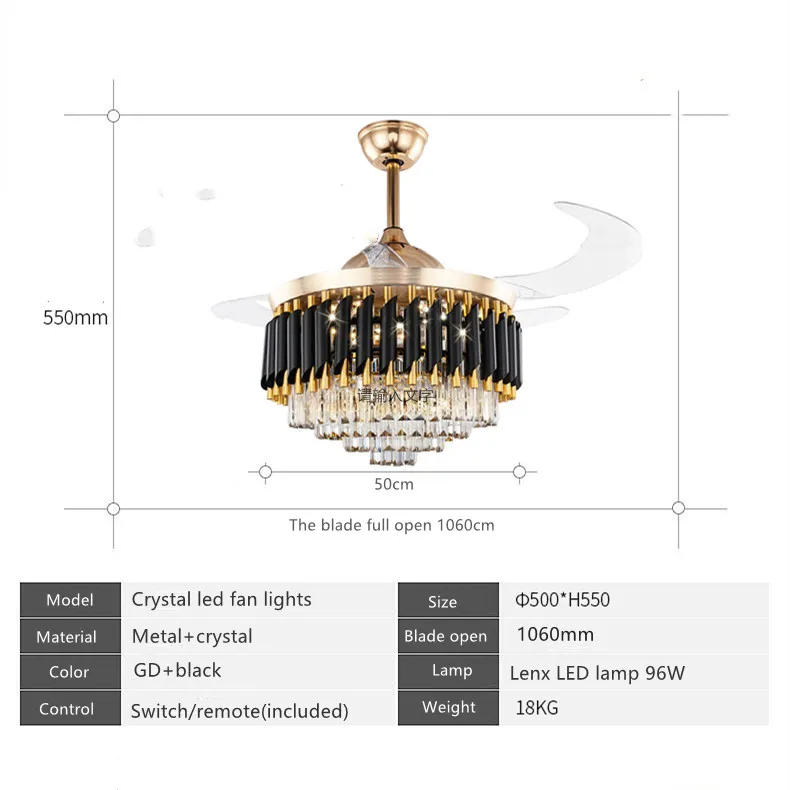 42 inch 96W Crystal fan with light and remote control chandelier ceiling fan lamp LED ceiling fan light