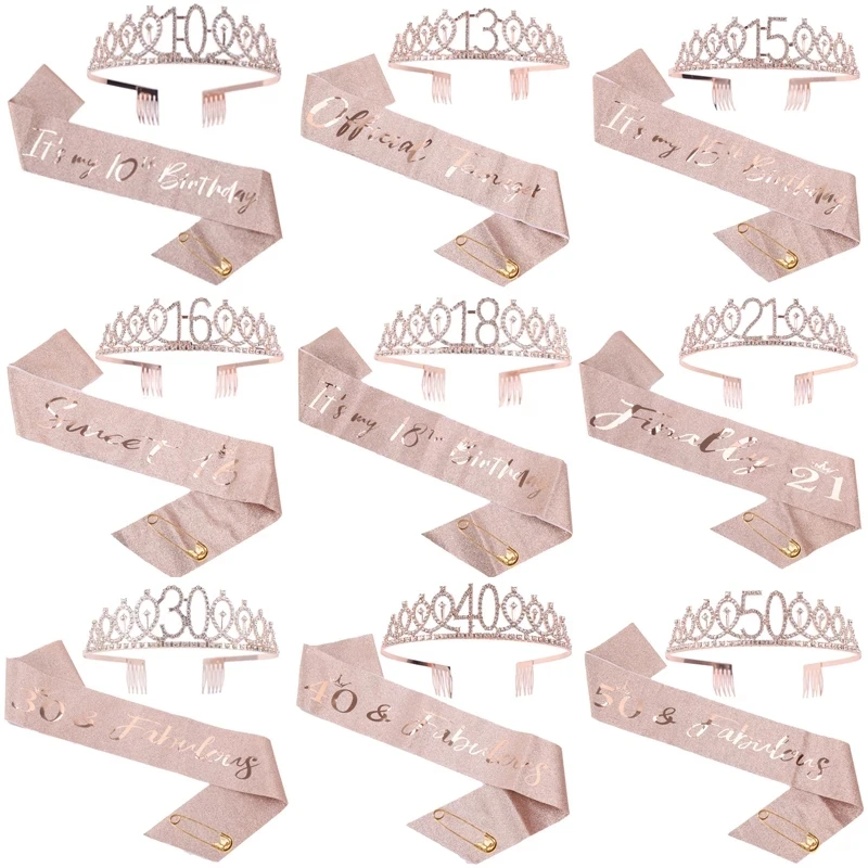 Rose Gold Gelukkig 16e Verjaardag Sjerp en 16 Verjaardag Tiara Strass
