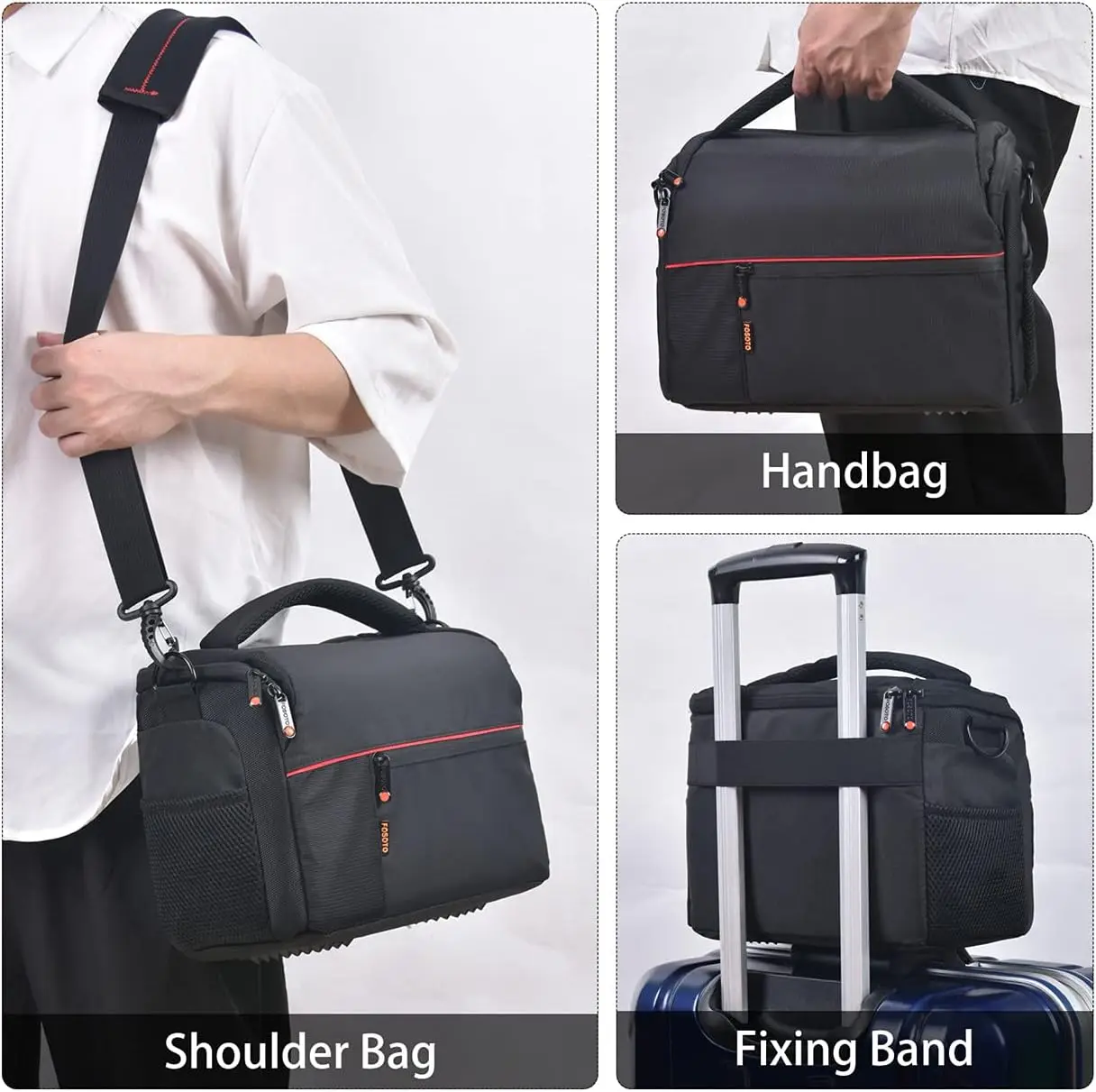 FOSOTO DSLR Camera Shoulder Bag Case Compatible for Canon EOS Rebel T7 T6  T8i SL3 T100 2000D Pentax with Waterproof Rain Cover