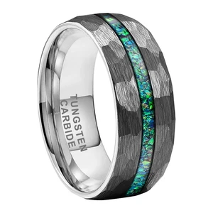 Coolstyle Jewelry 8mm Fashion Wholesale Men Women Engagement Wedding Crushed Green Opal Inlay Hammered Tungsten Carbide Ring