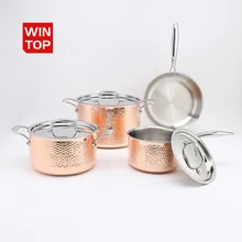 High Quality 7pcsTri-ply Stainless Steel Copper Pots and Pans Hammered Cookware Set