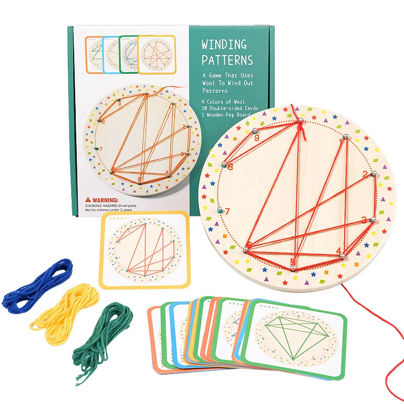 Montessori Creative Geometry Matching Toy for Kids Wooden Winding Patterns Nail Board Educational Sensory Preschool Learning