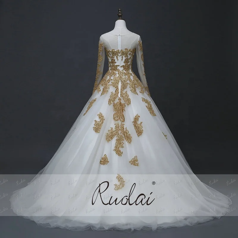 Ruolai Yasa-020 Vintage Custom Made Beads White And Gold Applique Bride Ball Gown Muslim Full Skirt Long Sleeve Wedding Dress