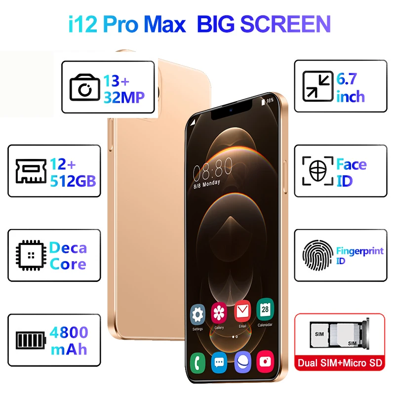 Лидер продаж, телефон 12 PRO MAX с логотипом, 12 Гб + 512 ГБ, полный дисплей 6,7 дюйма, мобильный телефон Android l12 PRO, сотовый телефон, смартфон