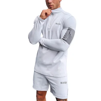 Wholesale gym athletic sports tech fabric quarter zip grey slim fit fitness dry nylon blank hoodies