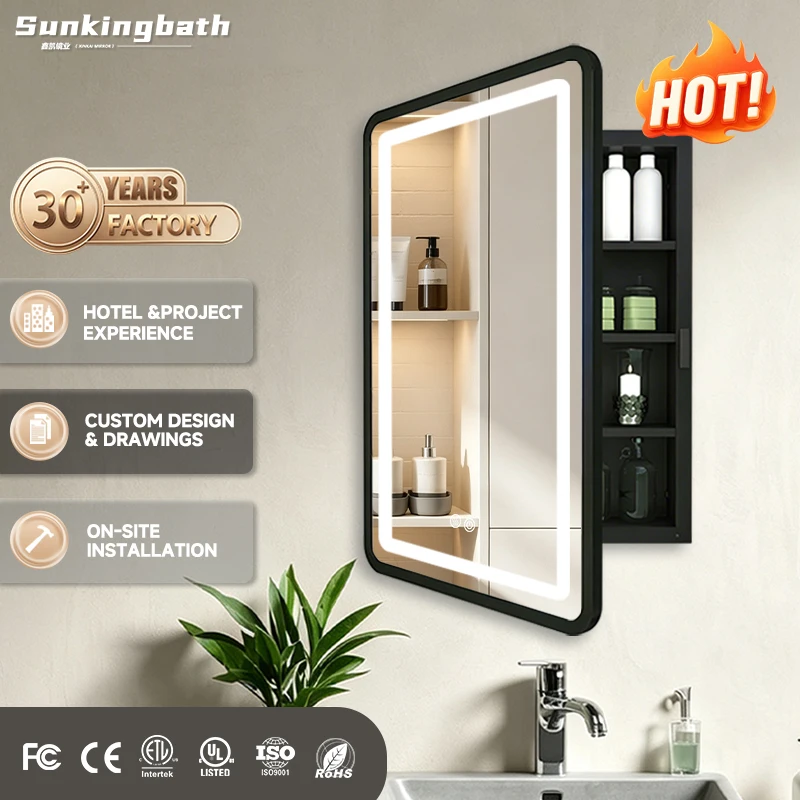 Rectangle Bathroom Cabinet Water Resistant Defogger Led Mirror Cabinet Illuminated Recessed Bathroom Medicine Cabinets