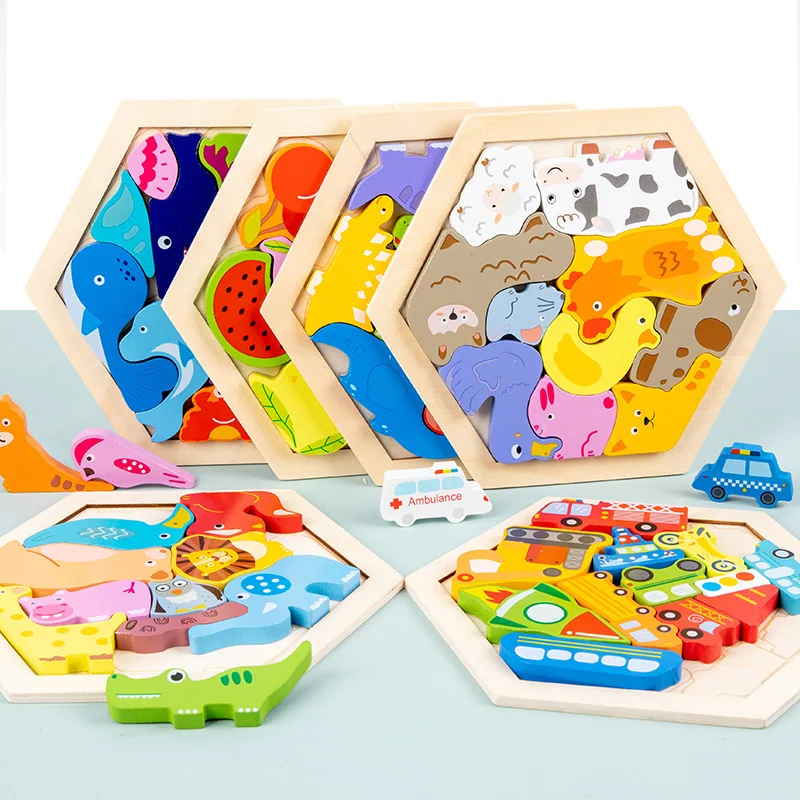 Drewniane klocki dla dzieci Puzzle Zabawki Zwierzęta Owoce Ruch drogowy Puzzle Zabawki edukacyjne Puzzle 3D dla dzieci Prezenty