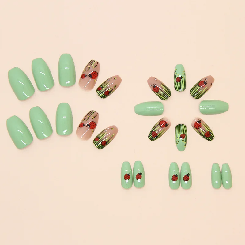 Ms.Miemie 24-Piece Ladybug and Cartoon Grass Nail Patch Solid Color Detachable ABS French Fake Nails for Finger Application