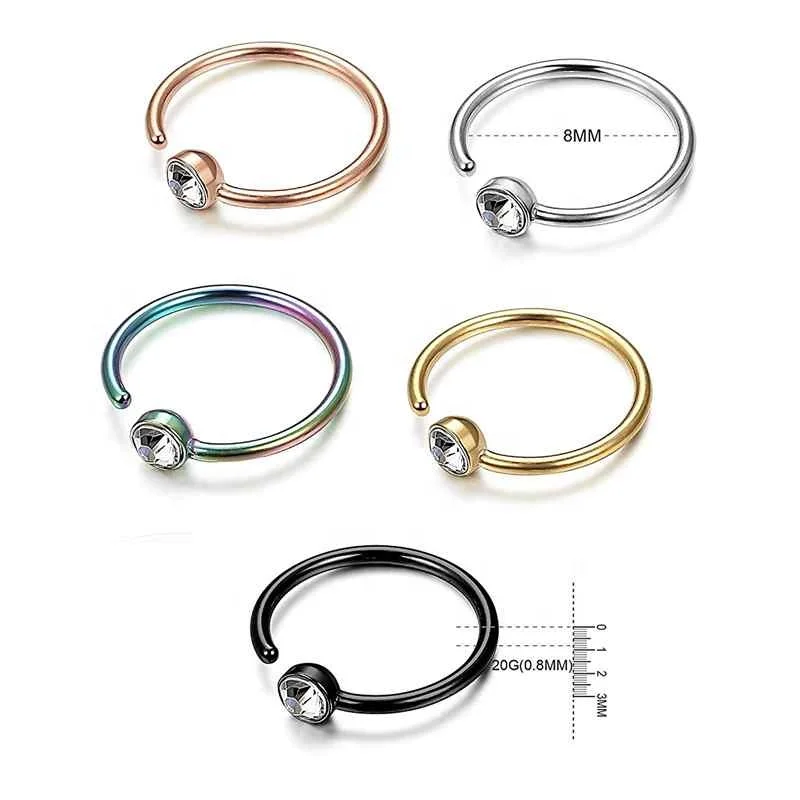 Trendy Simple Gold Color C Shape Clip on Fake Lip Piercing Jewelry Fashion Stainless Steel Crystal Nose Hoop Ring