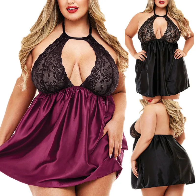 Plus Size Women's Clothing Sexy underwear big size fat woman home sexy lace Nightgown perspective hollow out pajamas skirt 1281