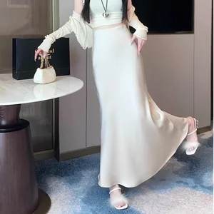 Women's 2026 Satin Fishtail Skirt for Spring Summer Empire Waistline Slim Fit Long Draped Hip Wraps Plain Dyed Spandex