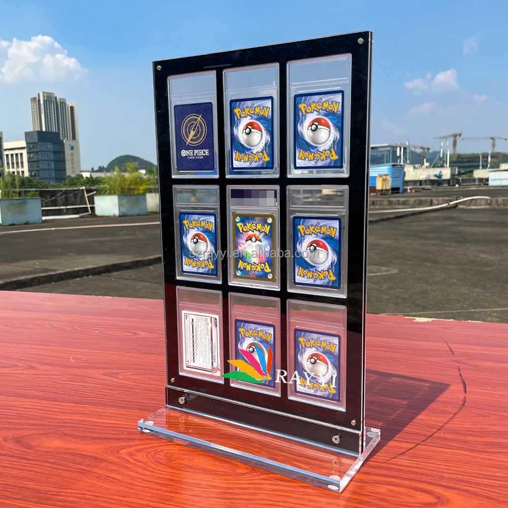 RAYYI Custom Desktop 9 Slot Acrylic Pokemon Graded Sports Card Slab Frame Holder Trading Cards Display Frame RAYYI Custom Desktop 9 Slot Acrylic Pokemon Graded Sports Card Slab Frame Holder Trading Cards Display Frame