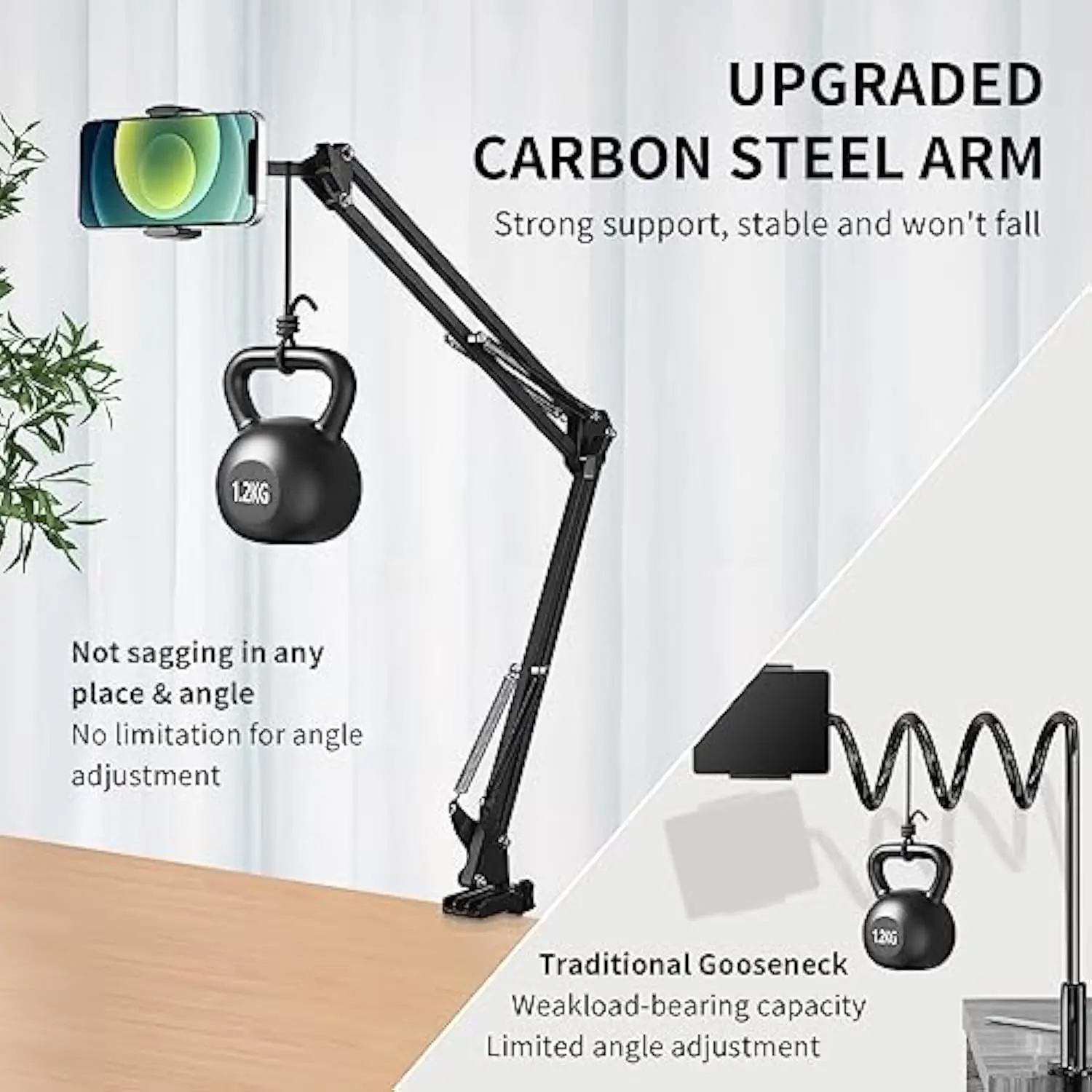 UGIFT 360° Rotation Long Clamp Gooseneck Phone Lazy Bracket Mount Reading Kindle Overhead Arm Desk Bed Tablet Holder Stand