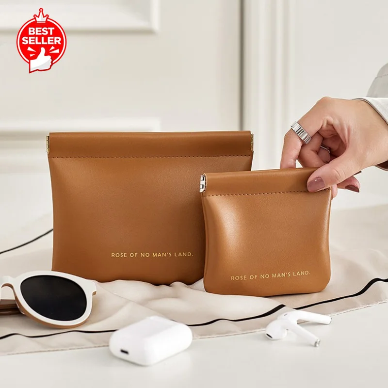 Premium PU Custom Snap Closure Makeup Bag Brown Minimalist Design Travel Cosmetic Pouch Automatic Closing Toiletry Bag for Women