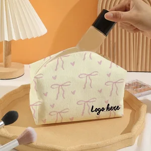 Custom Logo Wholesale Corduroy Large Capacity Makeup Case Fashion Portable Cosmetic Travel Toiletry Storage Zipper Wash Bag