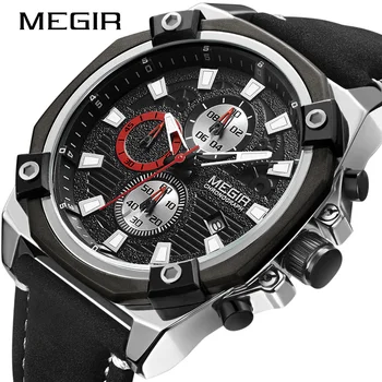 MEGIR 2054 presidential black male quartz watch activity Genuine Leather Strap Luminous chronometer auto date big watch design