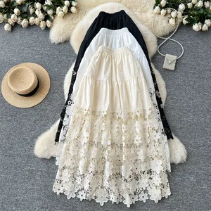 Women's Summer Satin Lace Skirts Elegant Vintage Office Chic Long High Waist Anti-Static Empire with Casual White Black Styles