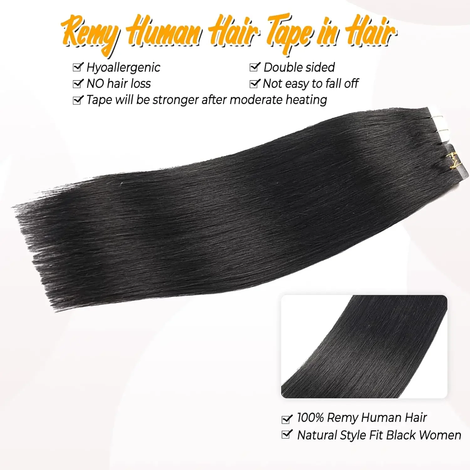 Extensiones de cabello con cinta adhesiva, cabello humano brasileño real, natural, para mujeres, color negro, 20 unidades, 50 g_voghion.com
