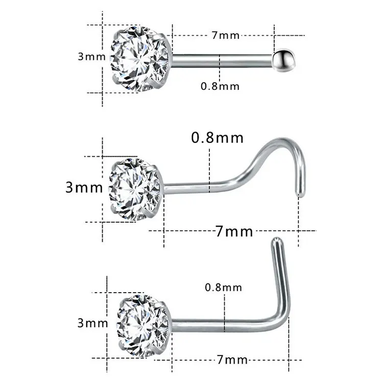 3pcs Star Heart Round Zircon Nose Studs Set Nose Piercing Jewelry S L Shaped Surgical Stainless