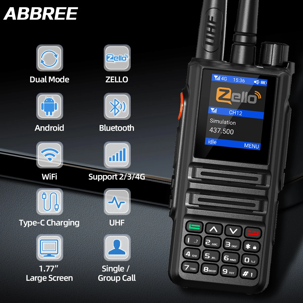 ABBREE GP-889 Dual Mode Network Radio Walkie Talkie ZELLO Global POC UHF Android 4G Ham Radio Camping Skiing Hunting Fleeting